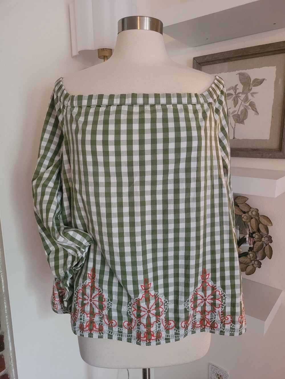 Crown & Ivy Off-Shoulder Green Gingham Embroidered Women’s Top